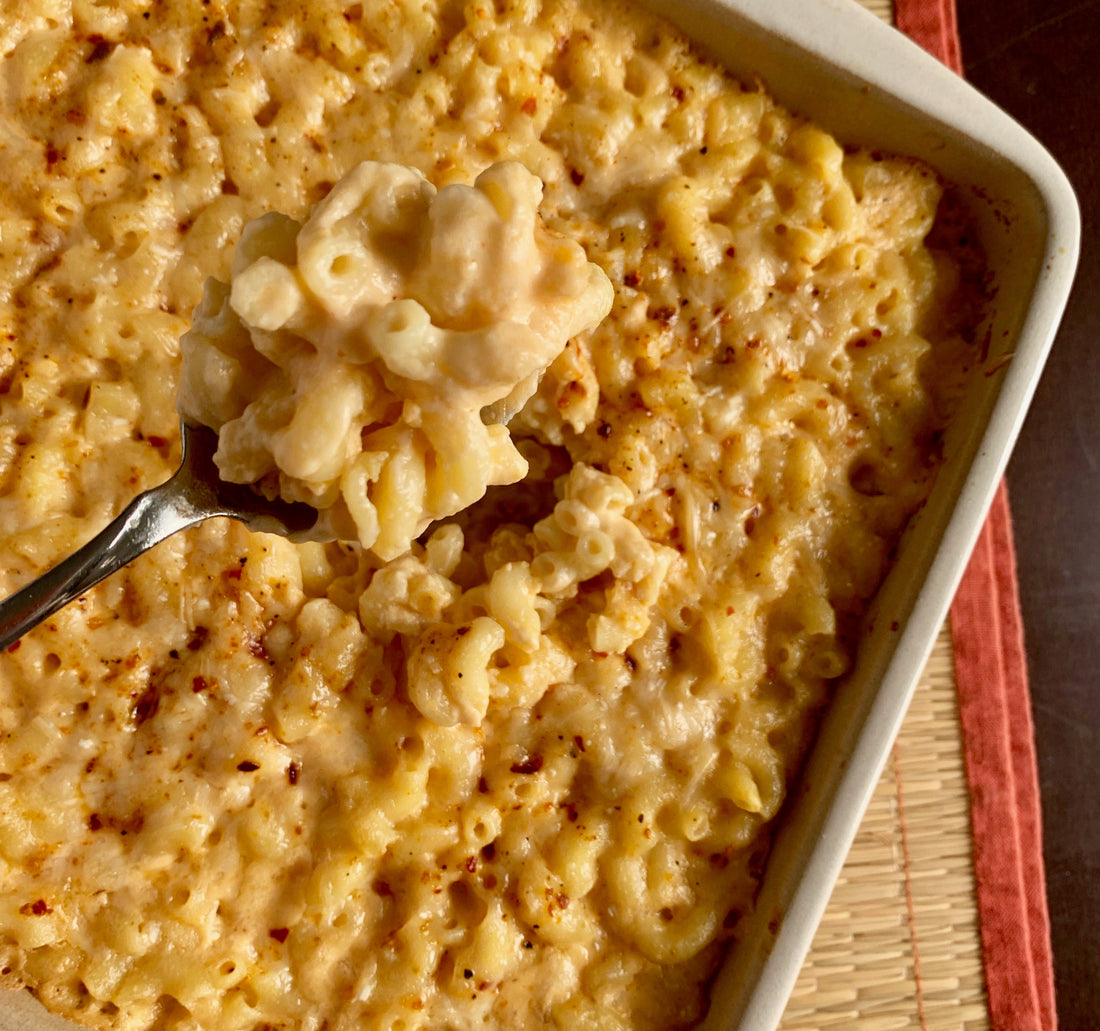 baking pan full of cheesy mac and cheese