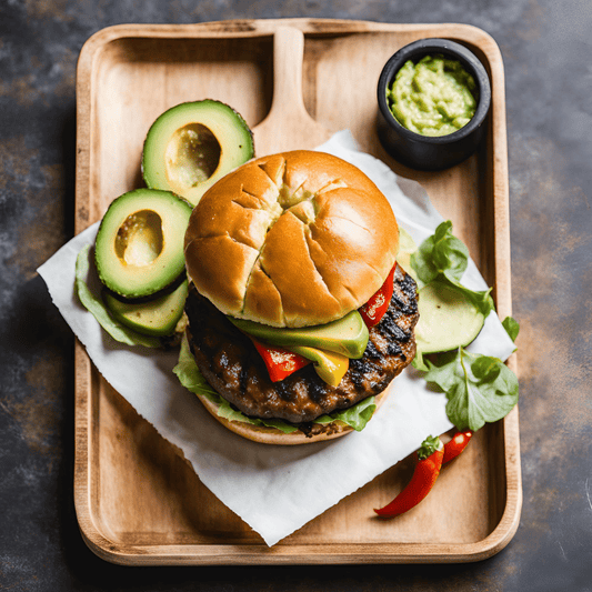 cutting board with a Latin Heat Chorizo Burger and avocados